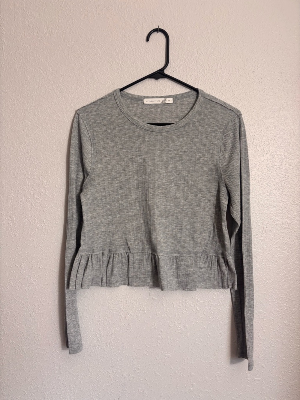 Altar'd State Gray Ruffle-Hem Long Sleeve Tee